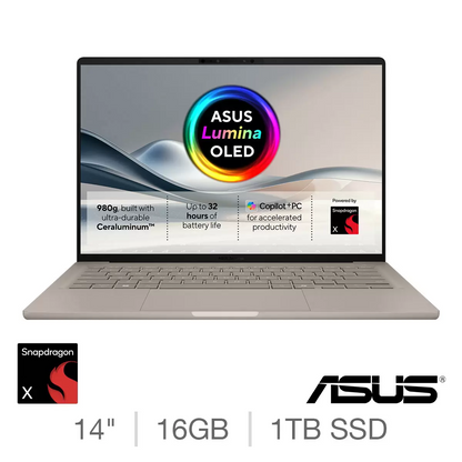 ASUS ZenBook A14 Copilot+ PC 14" OLED Laptop Snapdragon X 16GB RAM 1TB SSD